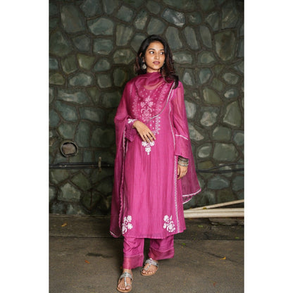 PANTS AND PAJAMAS Berry Chikan Embroidered Kurta (Set of 3)