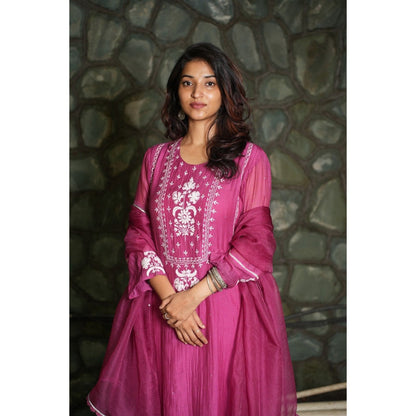 PANTS AND PAJAMAS Berry Chikan Embroidered Kurta (Set of 3)