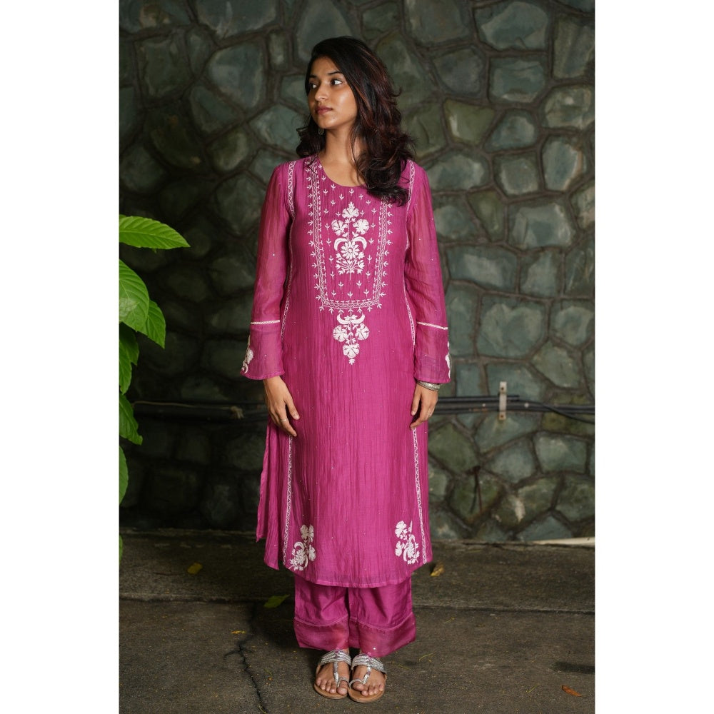 PANTS AND PAJAMAS Berry Chikan Embroidered Kurta (Set of 3)