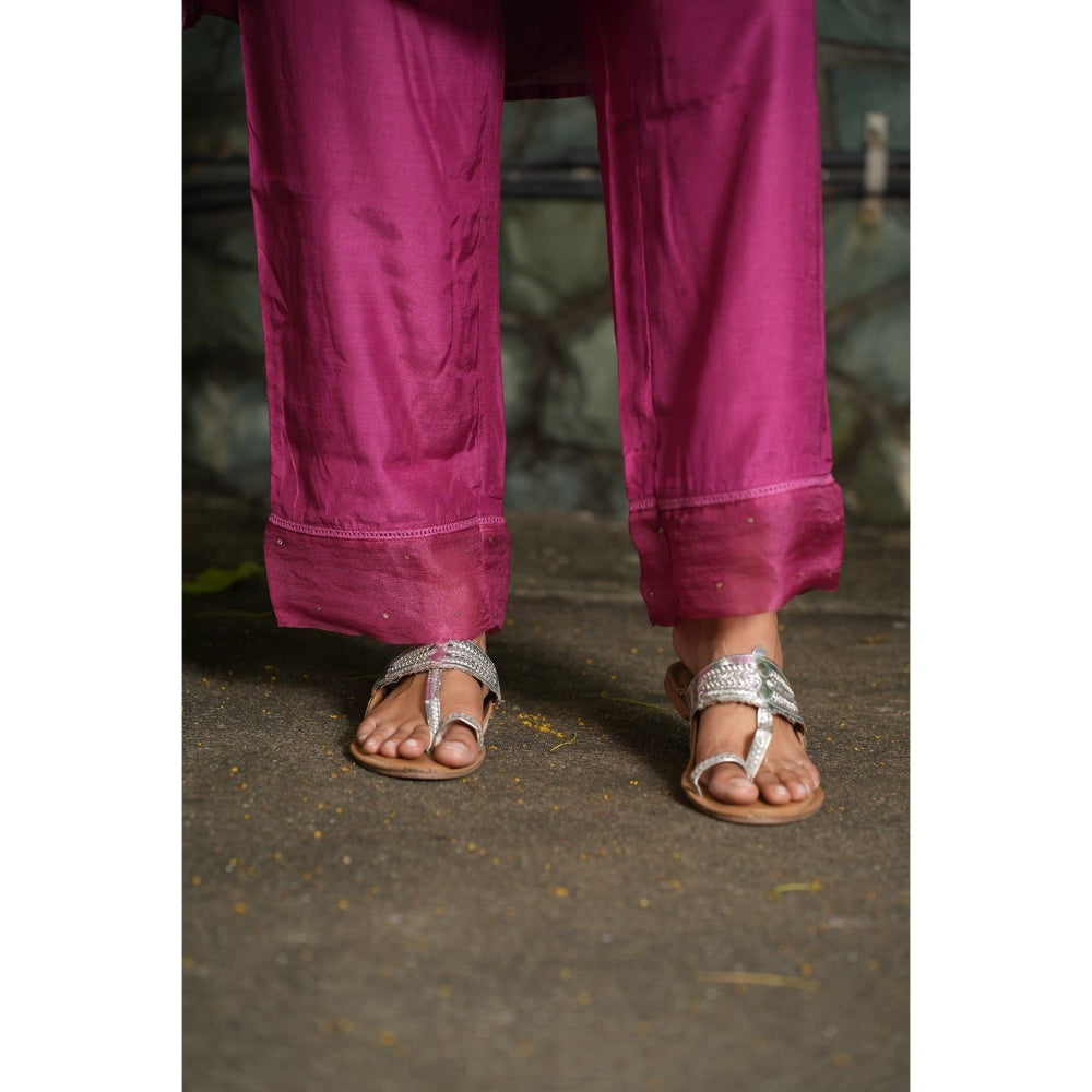 PANTS AND PAJAMAS Berry Chikan Embroidered Kurta (Set of 3)