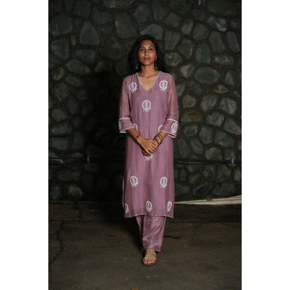 PANTS AND PAJAMAS Purple Chikan Embroidered Kurta (Set of 3)