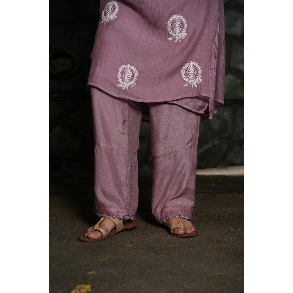 PANTS AND PAJAMAS Purple Chikan Embroidered Kurta (Set of 3)