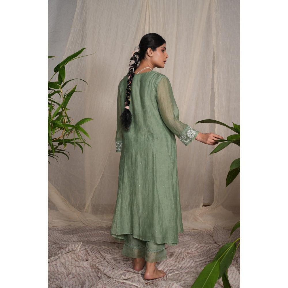 PANTS AND PAJAMAS Moss Green Chikan Embroidered Kurta (Set of 3)
