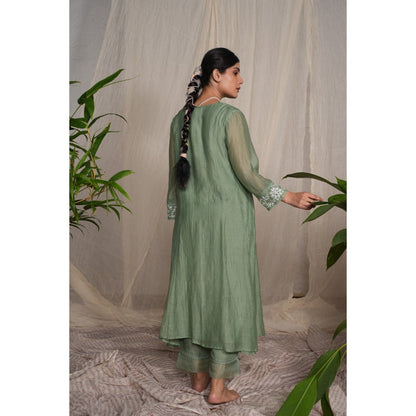 PANTS AND PAJAMAS Moss Green Chikan Embroidered Kurta (Set of 3)