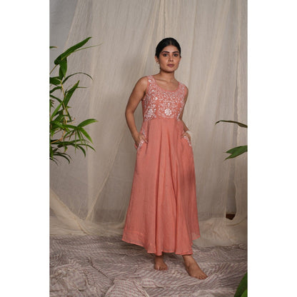 PANTS AND PAJAMAS Peach Chikan Chanderi Mull Dress