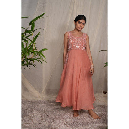 PANTS AND PAJAMAS Peach Chikan Chanderi Mull Dress