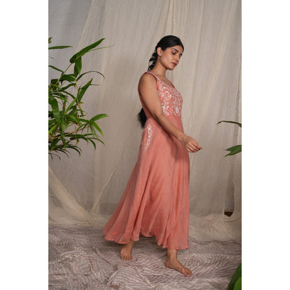 PANTS AND PAJAMAS Peach Chikan Chanderi Mull Dress