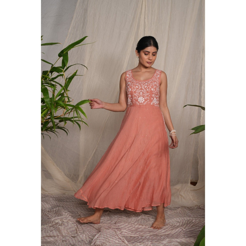 PANTS AND PAJAMAS Peach Chikan Chanderi Mull Dress