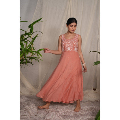 PANTS AND PAJAMAS Peach Chikan Chanderi Mull Dress