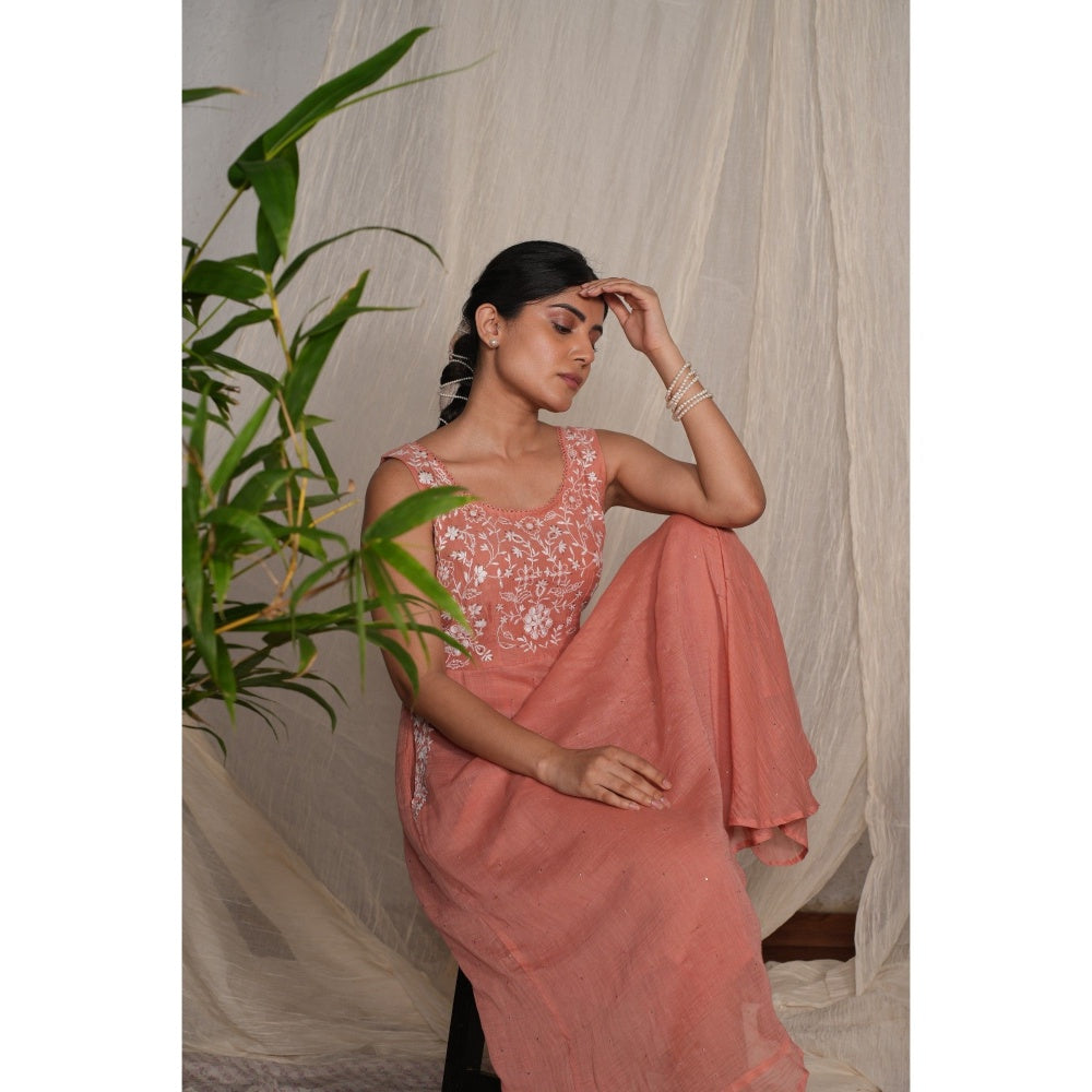 PANTS AND PAJAMAS Peach Chikan Chanderi Mull Dress
