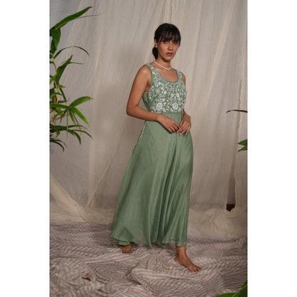 PANTS AND PAJAMAS Moss Green Chikan Chanderi Mull Dress