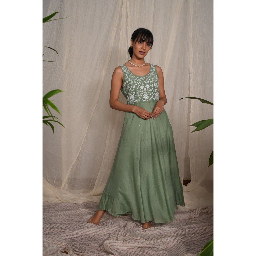 PANTS AND PAJAMAS Moss Green Chikan Chanderi Mull Dress