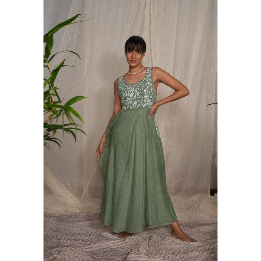 PANTS AND PAJAMAS Moss Green Chikan Chanderi Mull Dress