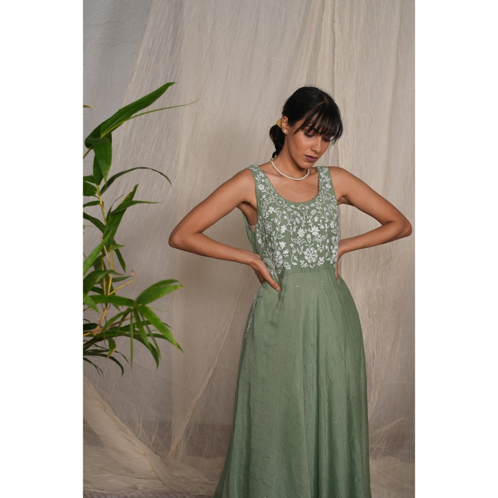 PANTS AND PAJAMAS Moss Green Chikan Chanderi Mull Dress