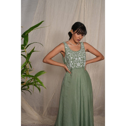 PANTS AND PAJAMAS Moss Green Chikan Chanderi Mull Dress