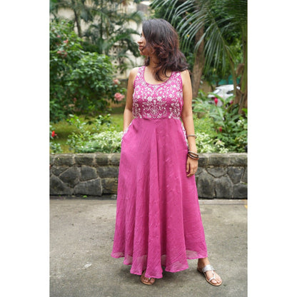 PANTS AND PAJAMAS Berry Chikan Chanderi Mull Dress