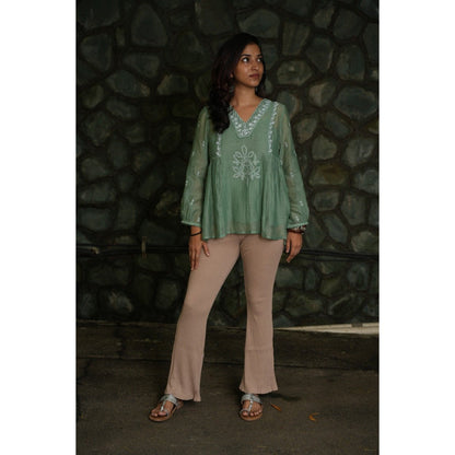 PANTS AND PAJAMAS Moss Green Chikan Chanderi Mull Top
