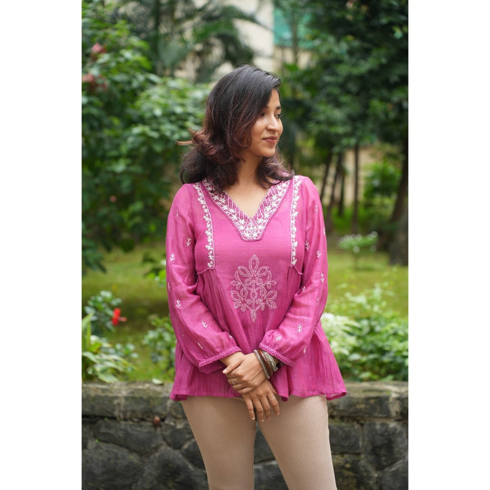 PANTS AND PAJAMAS Berry Chikan Chanderi Mull Top