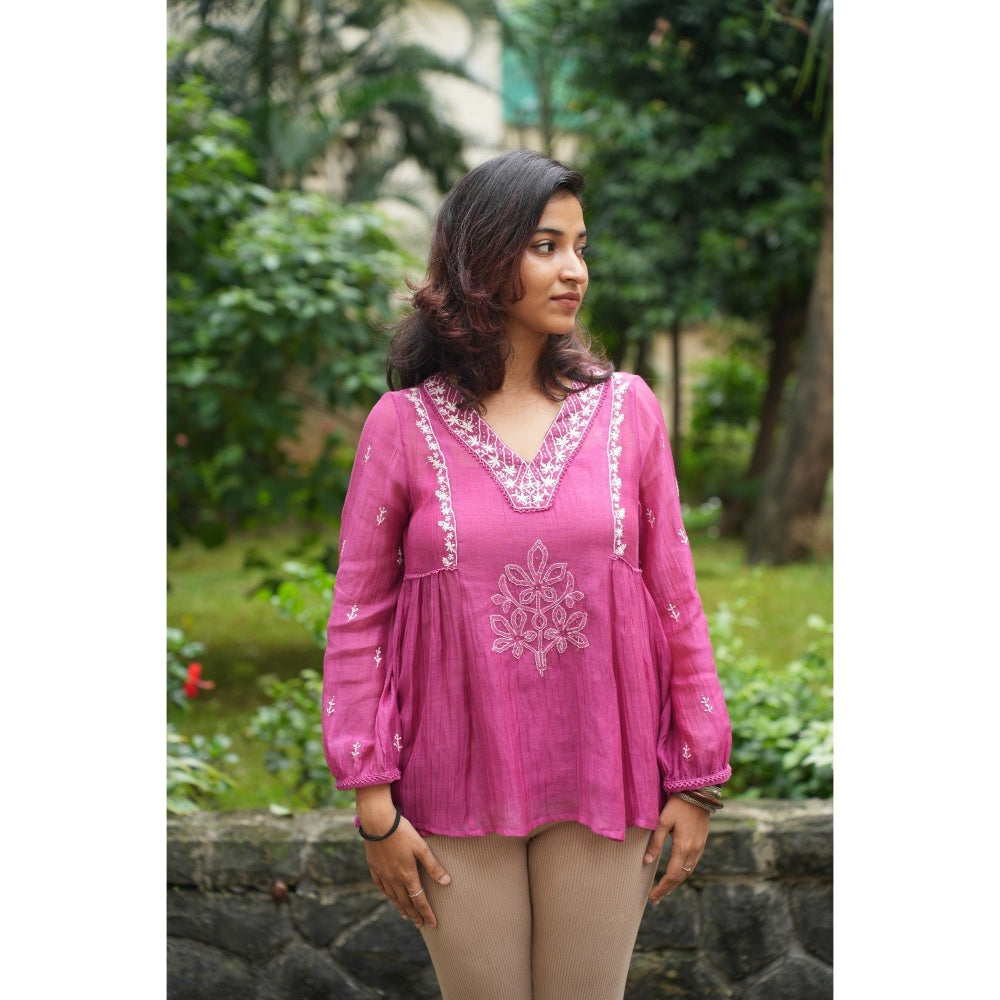 PANTS AND PAJAMAS Berry Chikan Chanderi Mull Top