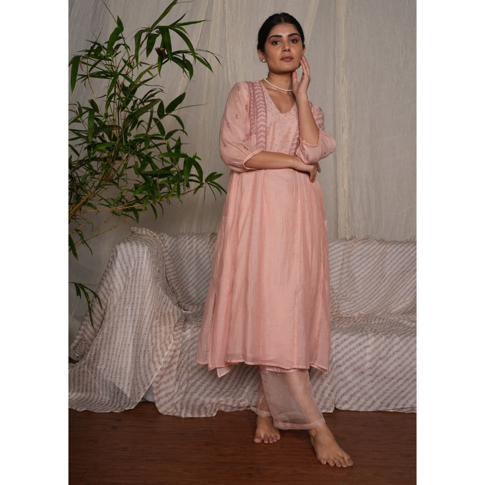 PANTS AND PAJAMAS Blush Pink Chikan Chanderi Mull Kurta & Cotton Silk Pant (Set of 2)