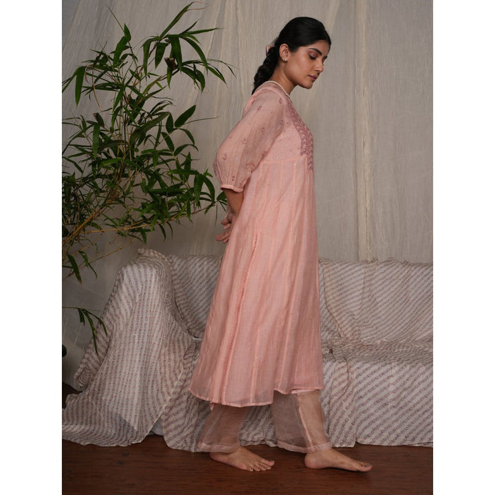PANTS AND PAJAMAS Blush Pink Chikan Chanderi Mull Kurta & Cotton Silk Pant (Set of 2)