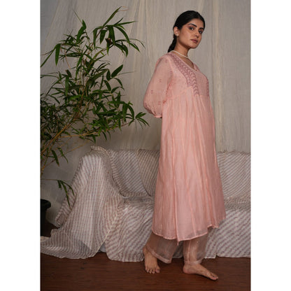 PANTS AND PAJAMAS Blush Pink Chikan Chanderi Mull Kurta & Cotton Silk Pant (Set of 2)