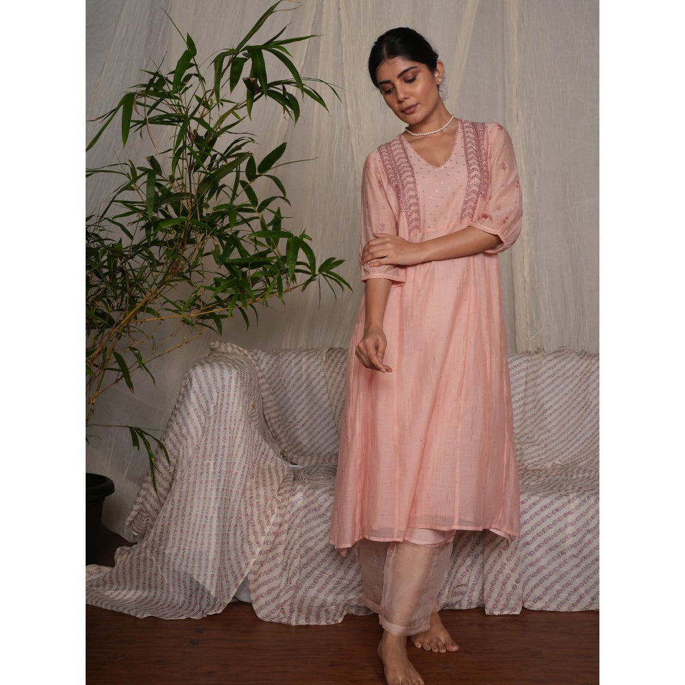 PANTS AND PAJAMAS Blush Pink Chikan Chanderi Mull Kurta & Cotton Silk Pant (Set of 2)