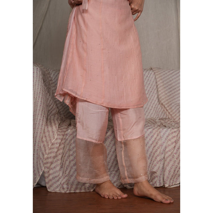 PANTS AND PAJAMAS Blush Pink Chikan Chanderi Mull Kurta & Cotton Silk Pant (Set of 2)