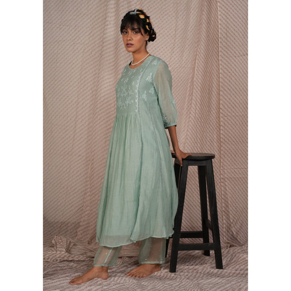 PANTS AND PAJAMAS Aqua Chikan Chanderi Mull Kurta & Cotton Silk Pant (Set of 2)