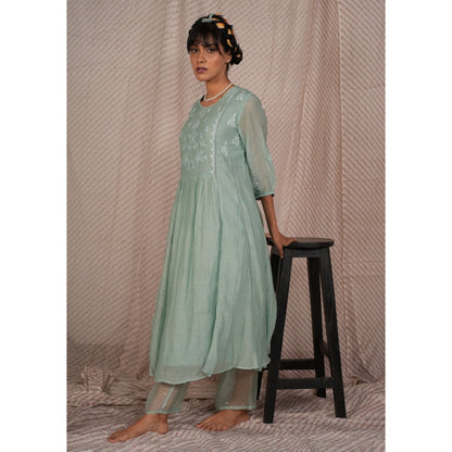 PANTS AND PAJAMAS Aqua Chikan Chanderi Mull Kurta & Cotton Silk Pant (Set of 2)