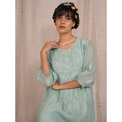 PANTS AND PAJAMAS Aqua Chikan Chanderi Mull Kurta & Cotton Silk Pant (Set of 2)