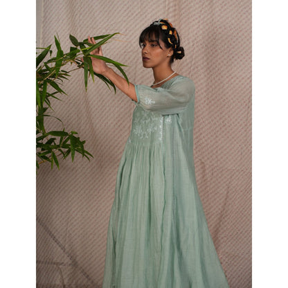 PANTS AND PAJAMAS Aqua Chikan Chanderi Mull Kurta & Cotton Silk Pant (Set of 2)