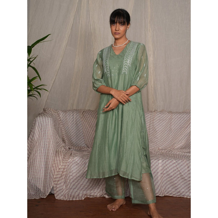 PANTS AND PAJAMAS Moss Green Chikan Chanderi Mull Kurta & Cotton Silk Pant (Set of 2)