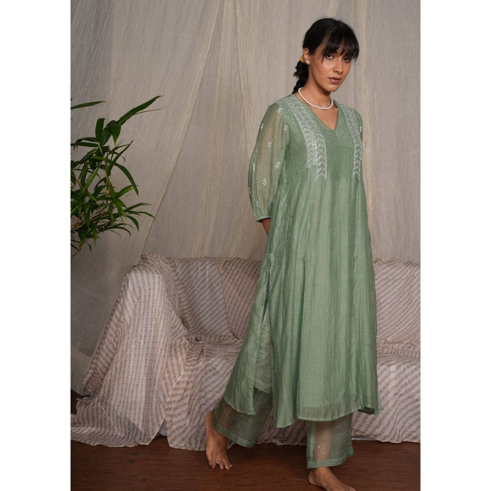 PANTS AND PAJAMAS Moss Green Chikan Chanderi Mull Kurta & Cotton Silk Pant (Set of 2)