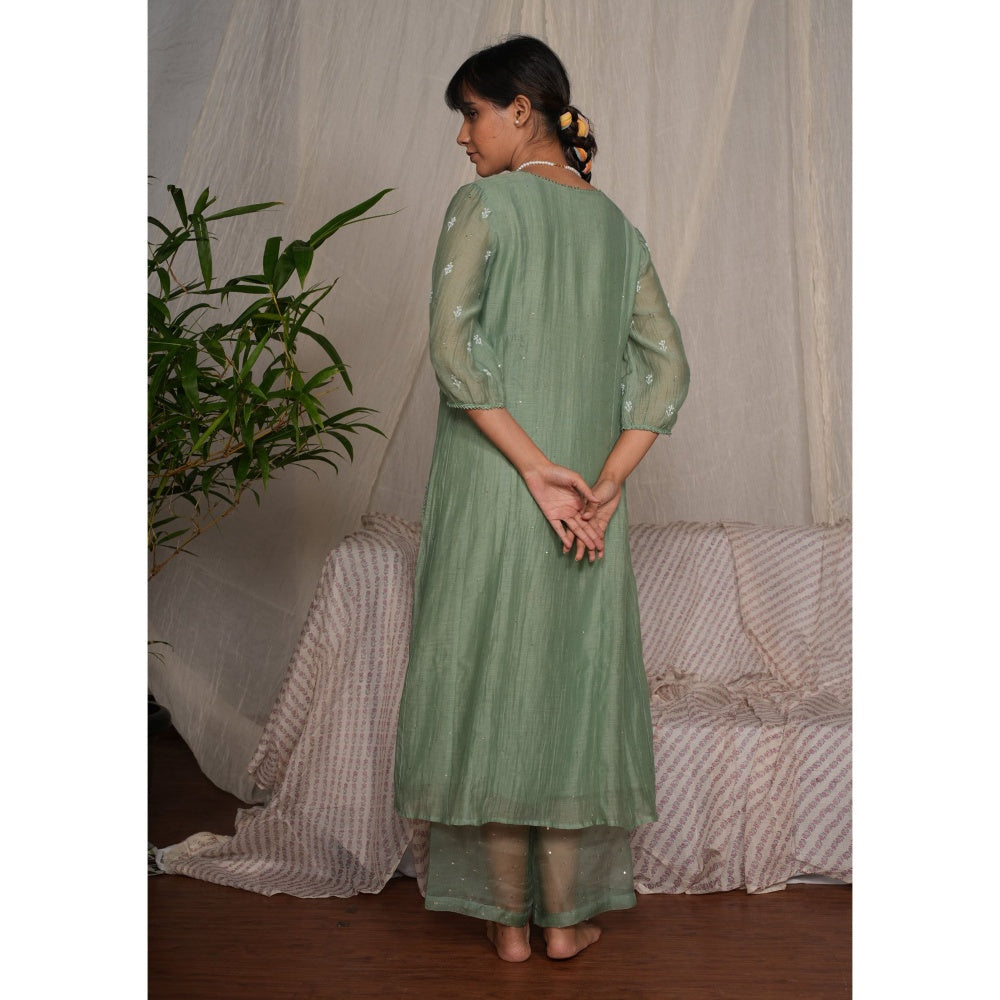 PANTS AND PAJAMAS Moss Green Chikan Chanderi Mull Kurta & Cotton Silk Pant (Set of 2)