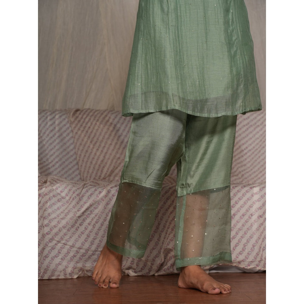 PANTS AND PAJAMAS Moss Green Chikan Chanderi Mull Kurta & Cotton Silk Pant (Set of 2)