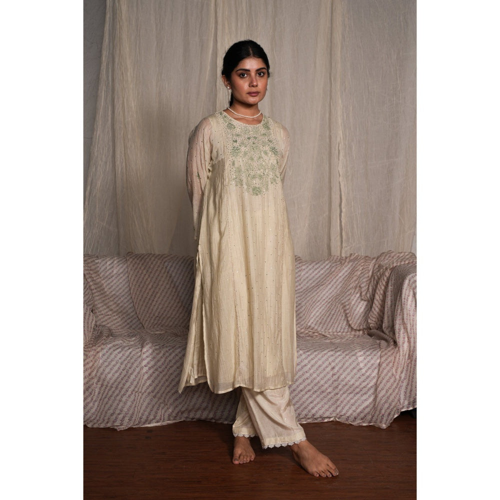 PANTS AND PAJAMAS Sege Cream Chikan Chanderi Mul Kurta & Cotton Silk Pant (Set of 2)