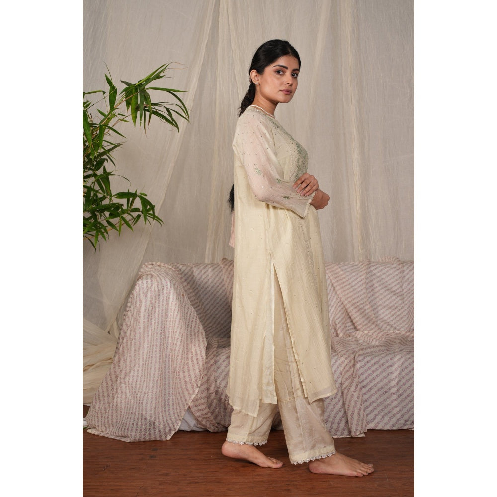 PANTS AND PAJAMAS Sege Cream Chikan Chanderi Mul Kurta & Cotton Silk Pant (Set of 2)