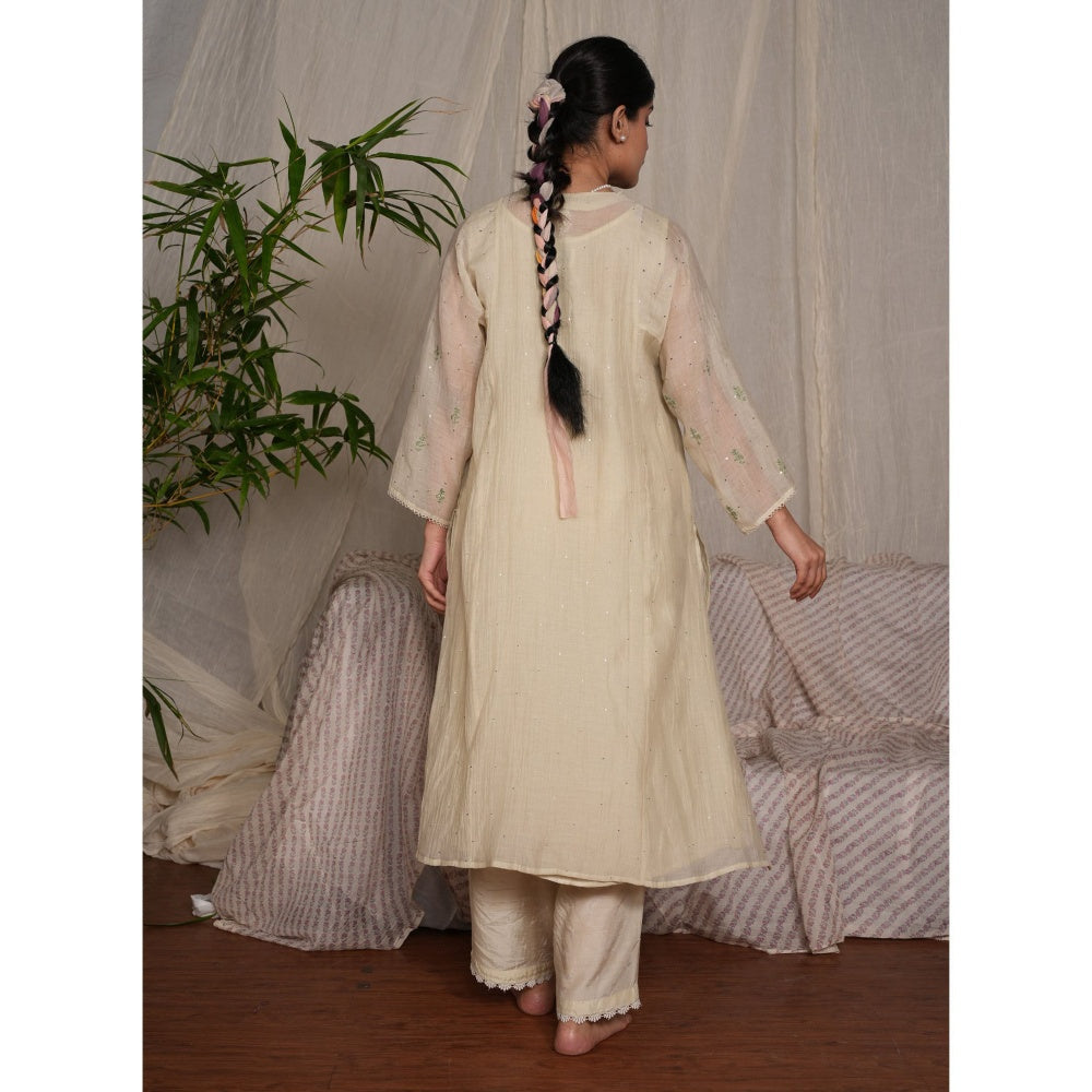 PANTS AND PAJAMAS Sege Cream Chikan Chanderi Mul Kurta & Cotton Silk Pant (Set of 2)
