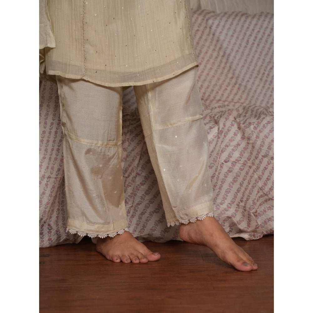 PANTS AND PAJAMAS Sege Cream Chikan Chanderi Mul Kurta & Cotton Silk Pant (Set of 2)