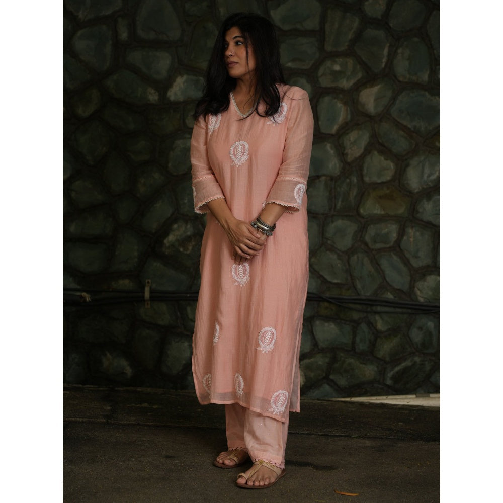 PANTS AND PAJAMAS Blush Pink Chikan Chanderi Mull Kurta & Cotton Silk Pant (Set of 2)