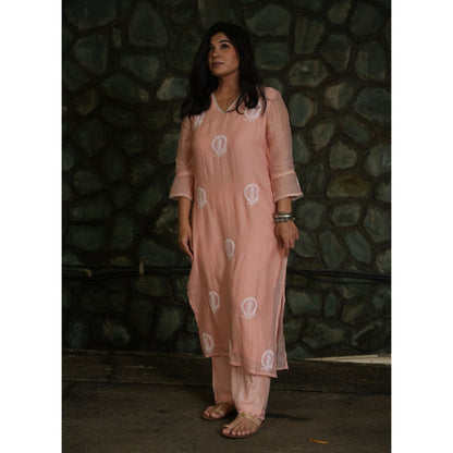 PANTS AND PAJAMAS Blush Pink Chikan Chanderi Mull Kurta & Cotton Silk Pant (Set of 2)