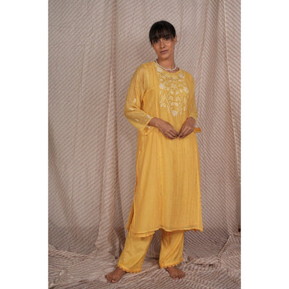 PANTS AND PAJAMAS Yellow Chikan Chanderi Mul Kurta & Cotton Silk Pant (Set of 2)