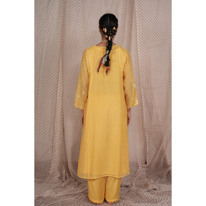 PANTS AND PAJAMAS Yellow Chikan Chanderi Mul Kurta & Cotton Silk Pant (Set of 2)