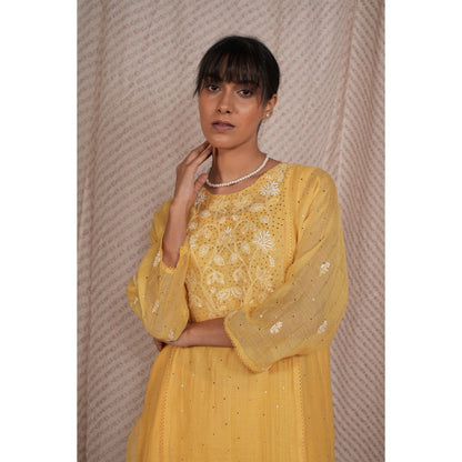 PANTS AND PAJAMAS Yellow Chikan Chanderi Mul Kurta & Cotton Silk Pant (Set of 2)