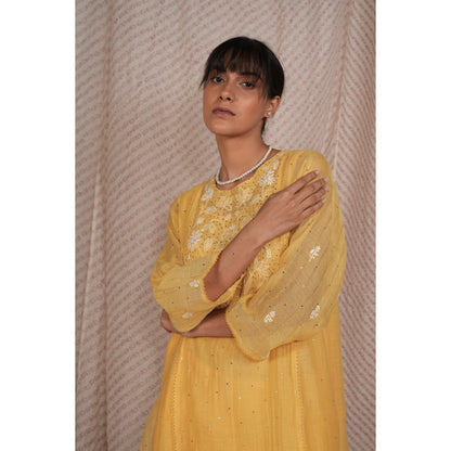 PANTS AND PAJAMAS Yellow Chikan Chanderi Mul Kurta & Cotton Silk Pant (Set of 2)