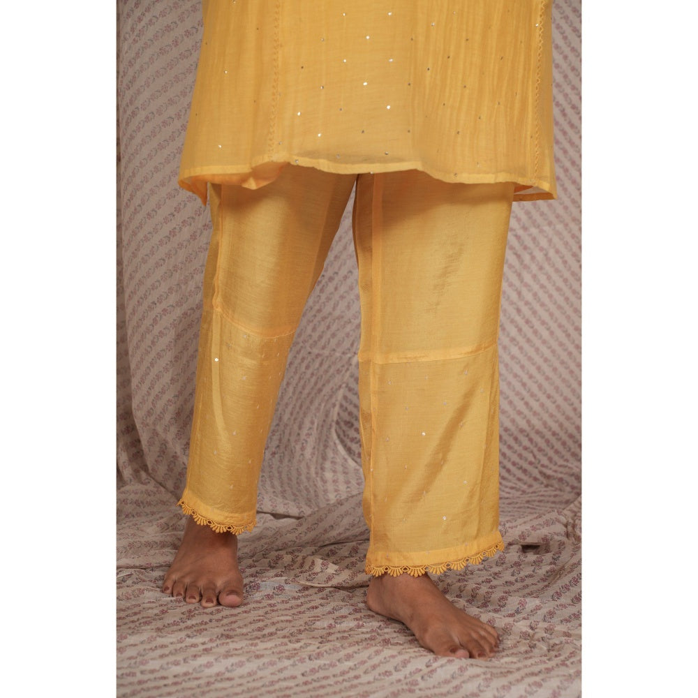 PANTS AND PAJAMAS Yellow Chikan Chanderi Mul Kurta & Cotton Silk Pant (Set of 2)