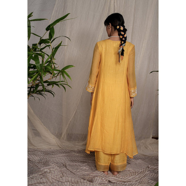 PANTS AND PAJAMAS Yellow Chikan Chanderi Mull Kurta & Cotton Silk Pant (Set of 2)