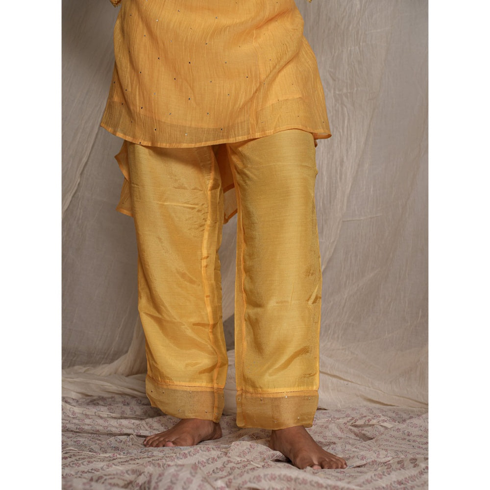 PANTS AND PAJAMAS Yellow Chikan Chanderi Mull Kurta & Cotton Silk Pant (Set of 2)