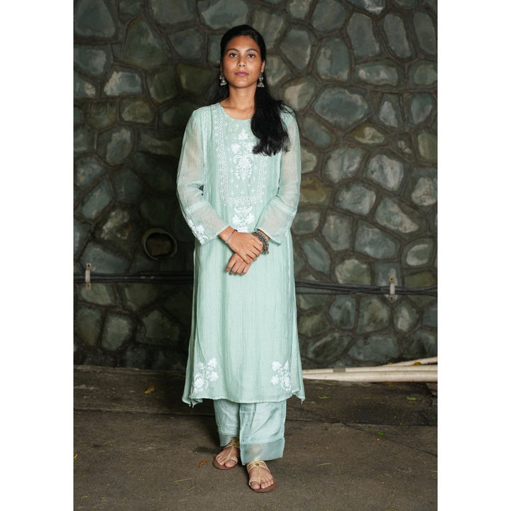 PANTS AND PAJAMAS Aqua Chikan Chanderi Mull Kurta & Cotton Silk Pant (Set of 2)